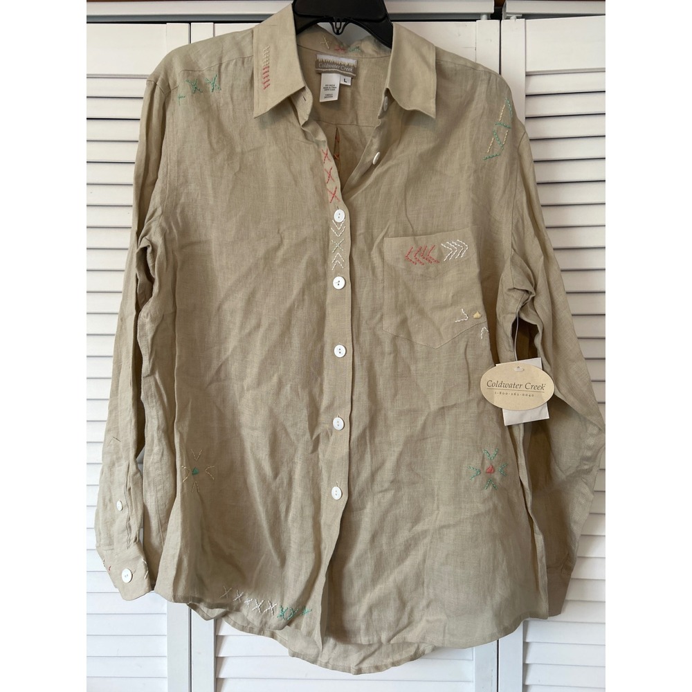 Coldwater Creek Linen Embroidered Button Down Shirt Women's L‎ Tan Long Sleeve